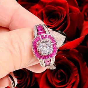 Elegant deep Pink and Silver Women's HALO Ring